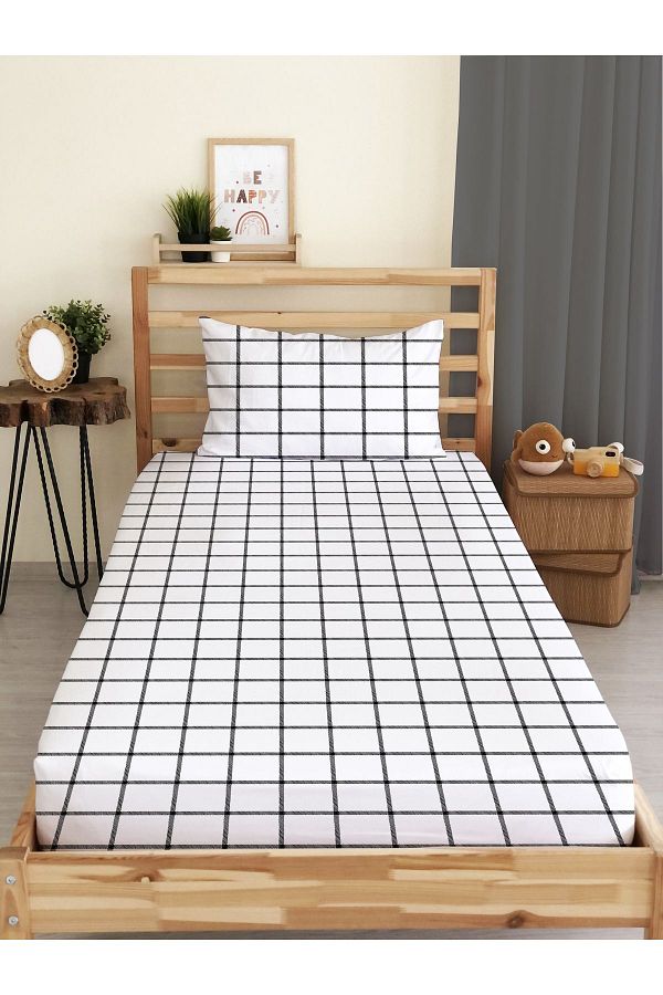 Evmila-Square Patterned Printed Single Elastic Sheet Set 1