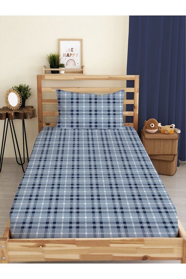 Evmila-Plaid Patterned Printed Single Elastic Sheet Set 1