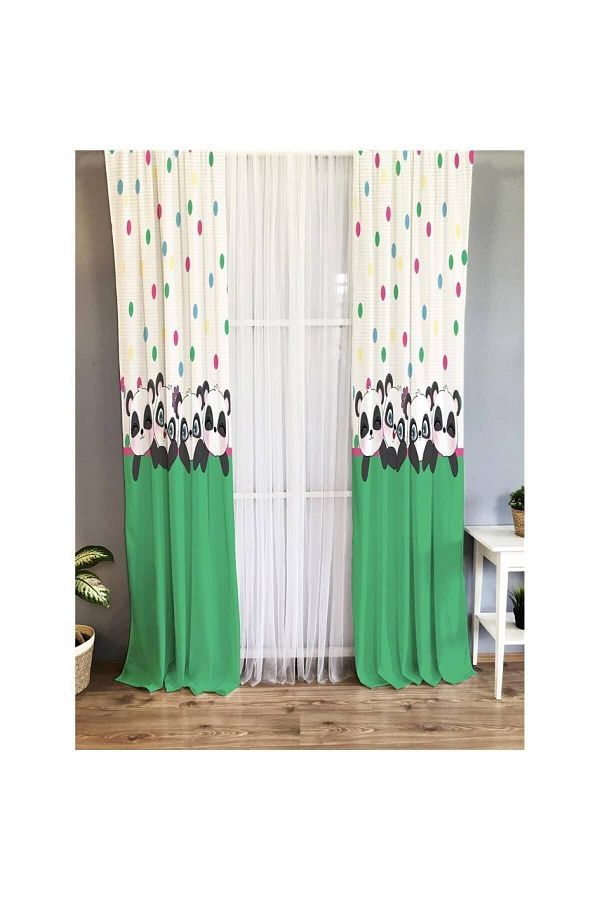 Evmila-Panda Patterned Children's Room Velvet Background Curtain 1