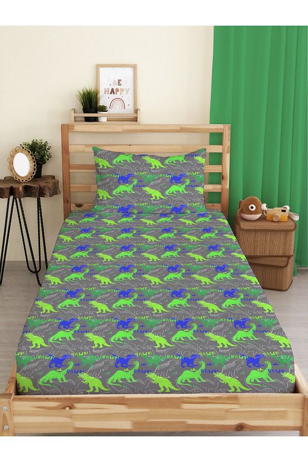 Evmila-Dinosaur Patterned Printed Single Elastic Sheet Set 1