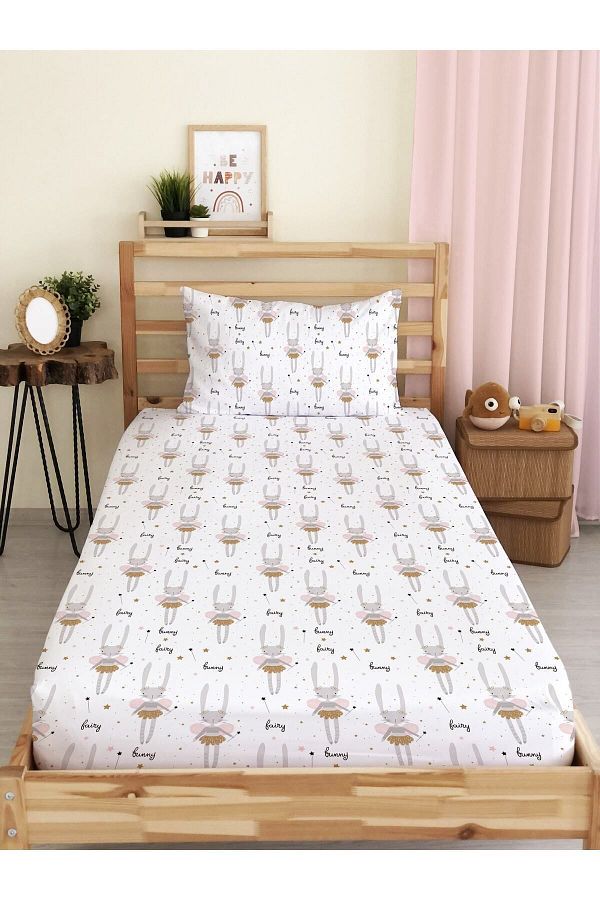 Evmila-Rabbit Pattern Printed Single and Baby Size Elastic Sheet Set White 1