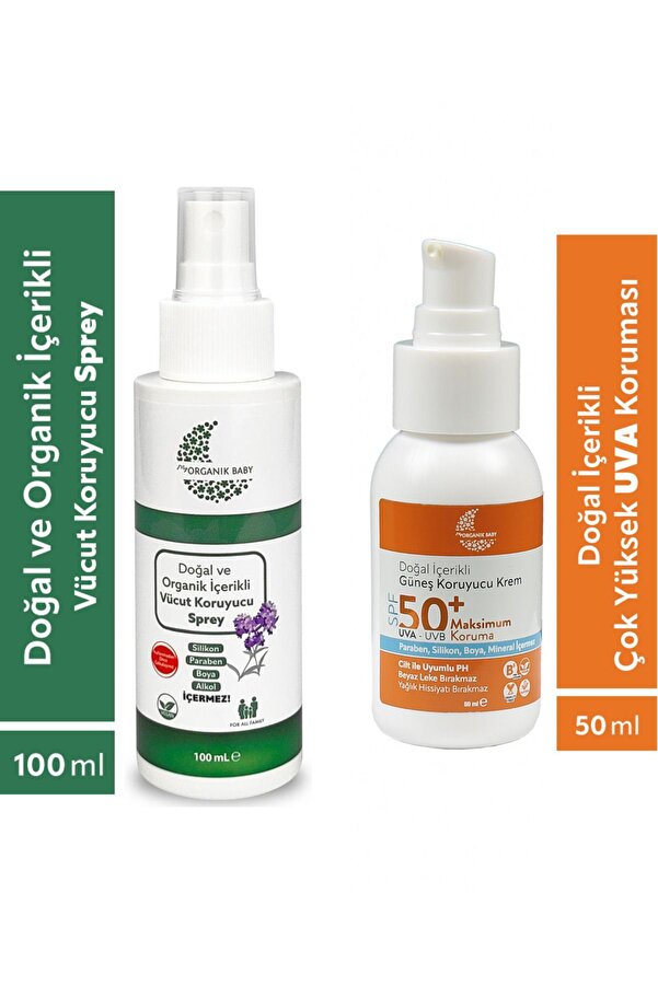Organik Baby Organik Ve Doğal İçerikli Vücut Koruyucu Bebek Çocuk Ve Yetişkin Sprey 100 ml ve Güneş Kremi 50 ml