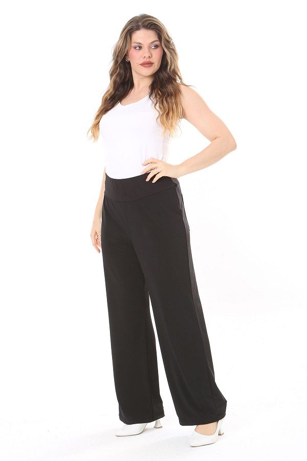 Şans-Plus Size Lycra negru - Pantaloni de damă cu talie elastică și buzunar la spate 65N38054 1