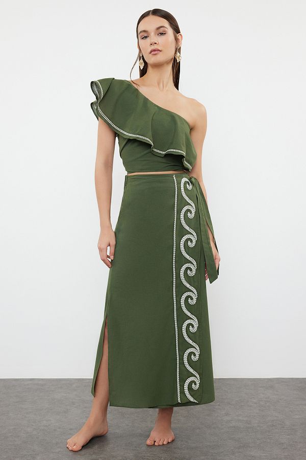 Trendyol Collection-Khaki Woven Flounces Single Shoulder 100% Cotton Blouse Skirt Beach Suit Tbess24Au00009 1