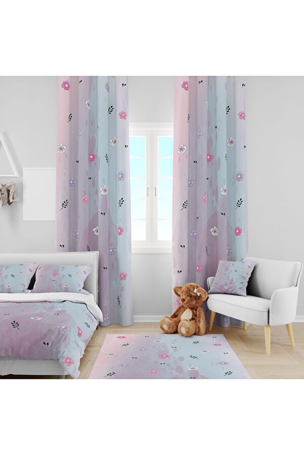 EVSEHOMES ÇİÇEKLİ ÇOCUK ODASI TAKIM (FON PERDE- YATAK ÖRTÜSÜ VE YASTIK - HALI )