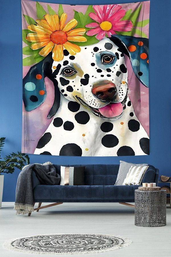 on the clouds Flowers and Dalmatian Dog Dog Stain Resistant Fabric Wall Cloth Wall Carpet Tapestry Trendyol