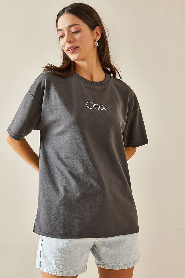 XHAN Crew Neck Anthracite Oversize T-Shirt - Written - 5YXK1