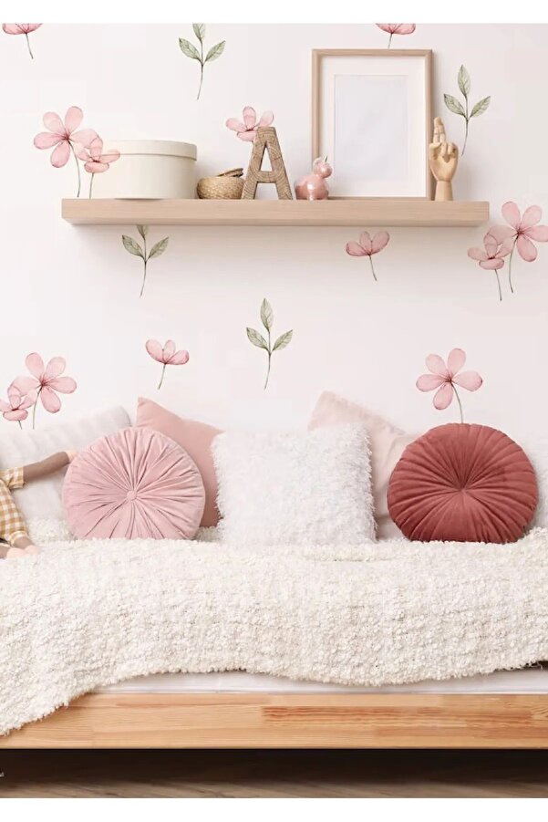 Sticker Ekspres Pembe Çayır Çiçekleri Ve Yapraklar 72 Parça Mega Boy Duvar Sticker Seti