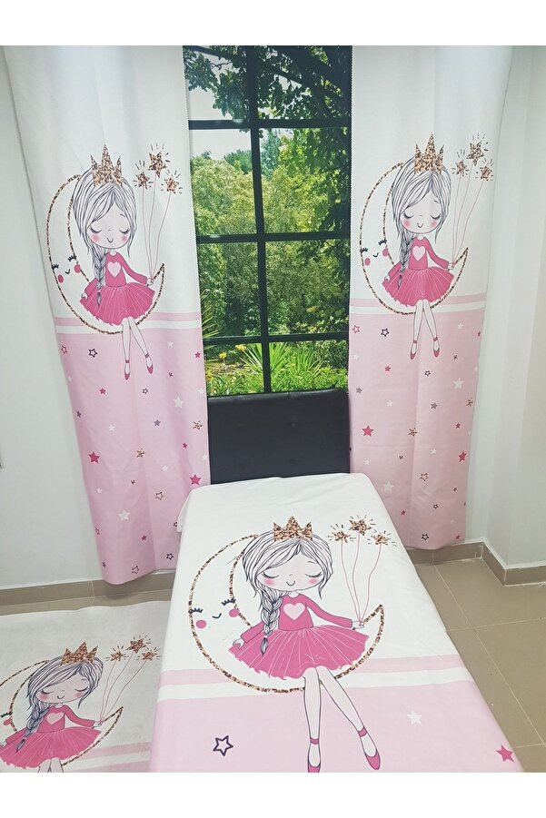 EVSEHOMES Pembe Şeritli Ayda Kız Çocuk Odası Takım (fon Perde- Yatak Örtüsü Ve Yastık - Halı100x160 )