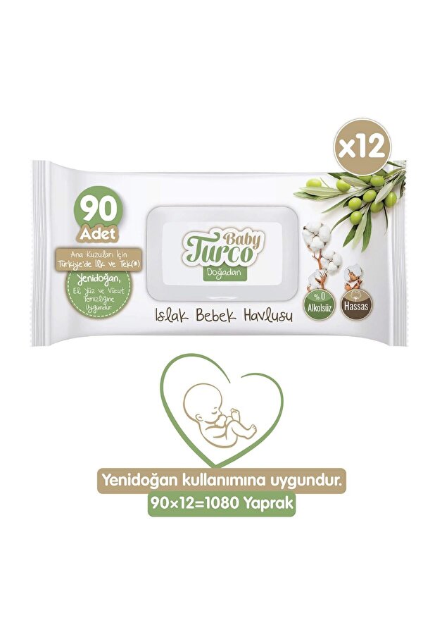 Baby Turco Doğadan Yenidoğan Islak Bebek Havlusu 12x90 Yaprak