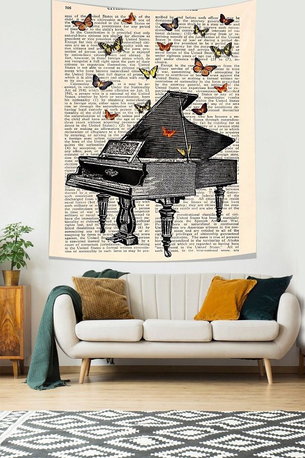 on the clouds Piano and Butterflies Stain Resistant Fabric Wall Cloth Wall Tapestry Tapestry Trendyol