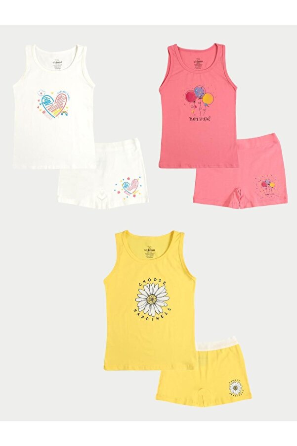 vitmo Kız Çocuk Pamuklu 3'lü Atlet 3'lü Şort Boxer Karışık Renk Happy 6 Parça Set