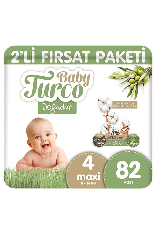 Baby Turco Doğadan 2'Li Fırsat Paketi Bebek Bezi 4 Numara Maxi 82 Adet