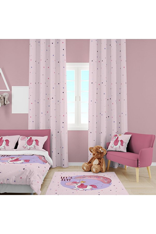 EVSEHOMES UÇAN UNICORN ÇOCUK ODASI TAKIM (FON PERDE- YATAK ÖRTÜSÜ VE YASTIK - HALI )