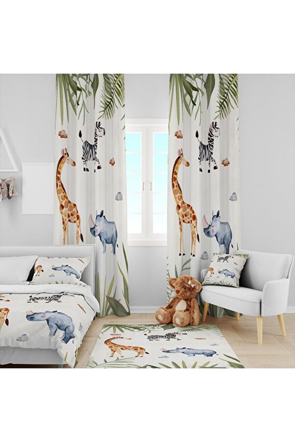 EVSEHOMES Safari Takım (fon Perde- Yatak Örtüsü Ve Yastık - Halı 100x160 )