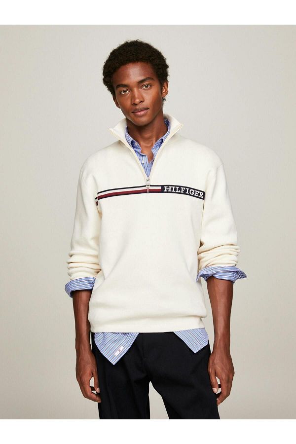 Tommy Hilfiger Men s Logo Round Neck Long Sleeve Casual Beige Sweater MW0MW33508 AEF Trendyol