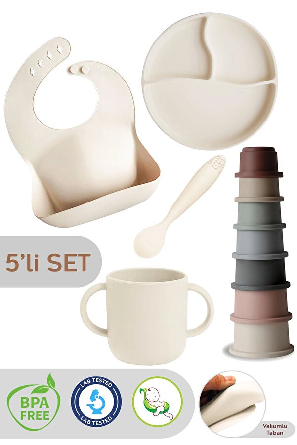 Meleni Baby 5'li Set Silikon Mama Önlüğü, Bardak, Vakumlu Tabak, Kaşık, Kule Aktivite Oyuncağı - Bej