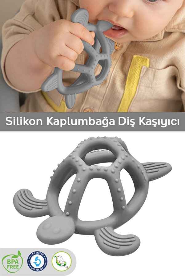 Meleni Baby Kaplumbağa Figürlü Bebek Dişlik - Diş Kaşıyıcı Bebek Dişliği - Gri
