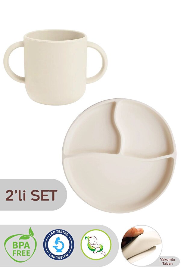 Meleni Baby 2'li Silikon Bebek Beslenme Seti - Vakumlu Tabak, Çift Kulp Kupa Bardak - Bej