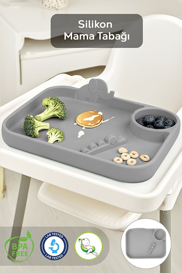 Meleni Baby Silikon 3 Bölmeli Bebek Beslenme Tabağı - Silikon Tabak - Silikon Beslenme Aksesuarı - Gri
