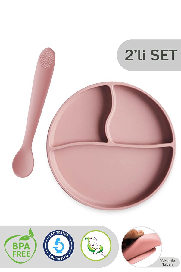 Meleni Baby 2'li Silikon Bebek Beslenme Seti - Vakumlu Tabak, Diş Kaşıyıcılı Silikon Kaşık - Pembe
