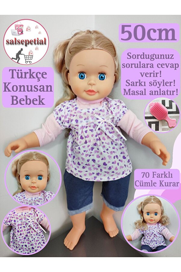 Salsepetial Büyük Boy Türkçe Konuşan Et Bez Bebek 50cm 16 Soruya 70 Farklı Cevap Veren Şarkı Söyleyen Bebek 50cm