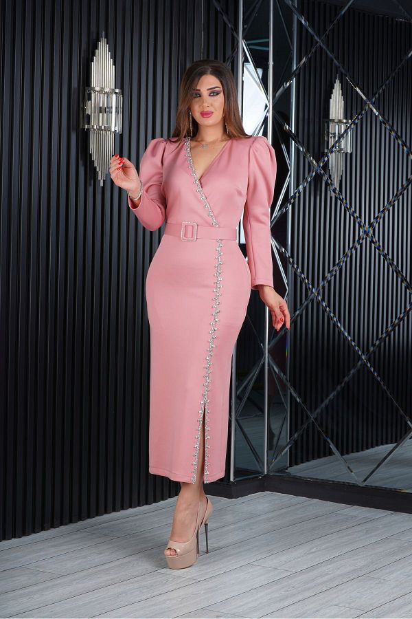 CAREZZA Three Quarter Sleeve Knee Slit Dress Rose Trendyol