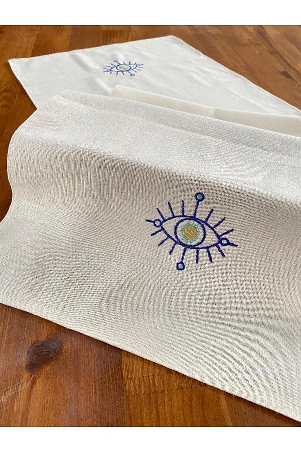 Soft Colours-Authentic Eye Evil Eye Embroidered Organic Raw Linen Runner 100% Cotton 40X140 cm 1