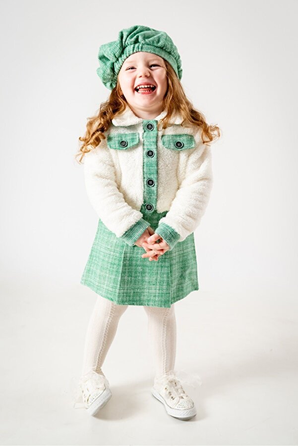 Baby Animals Kız Çocuk Kız Bebek Hırkalı Şapkalı Etekli Welsoft Peluş Oduncu Üçlü elbise takım