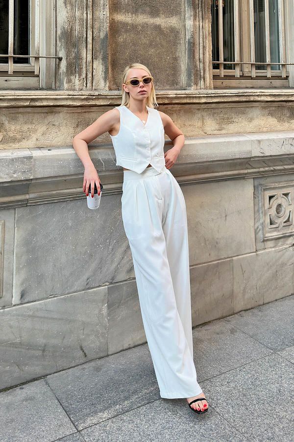 White pleated palazzo trousers cheap
