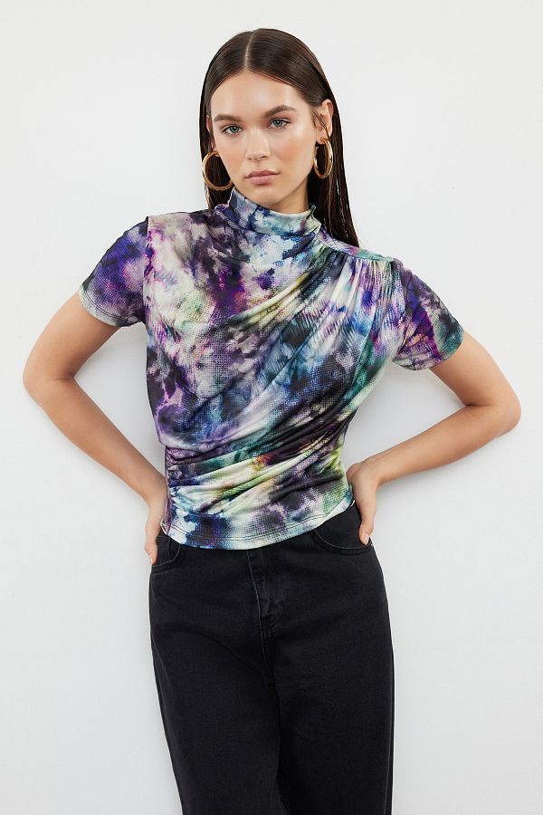 Trendyol Collection-Multicolor Printed Drawstring/Drape Detail Fitted Short Sleeve Stand Collar Stretchy Knitted Blouse Twoss24Bz00426 1