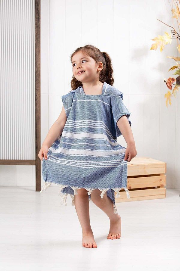 Formeya-Kinder-Bademantel, Poncho, 100 % Baumwolle, Strandtuch, Peshtemal, Marineblau 1