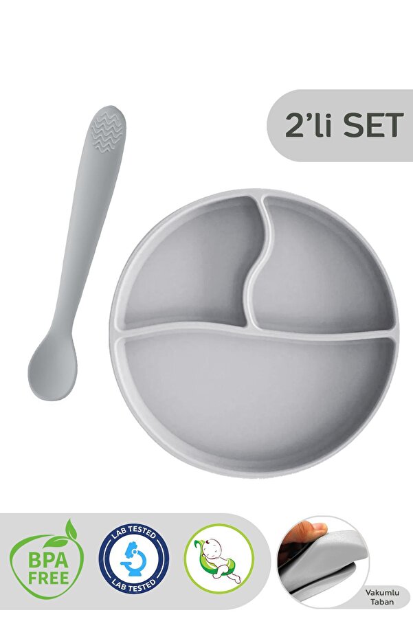 Meleni Baby 2'li Silikon Bebek Beslenme Seti - Diş Kaşıyıcılı Silikon Kaşık, Vakumlu Tabak - Gri