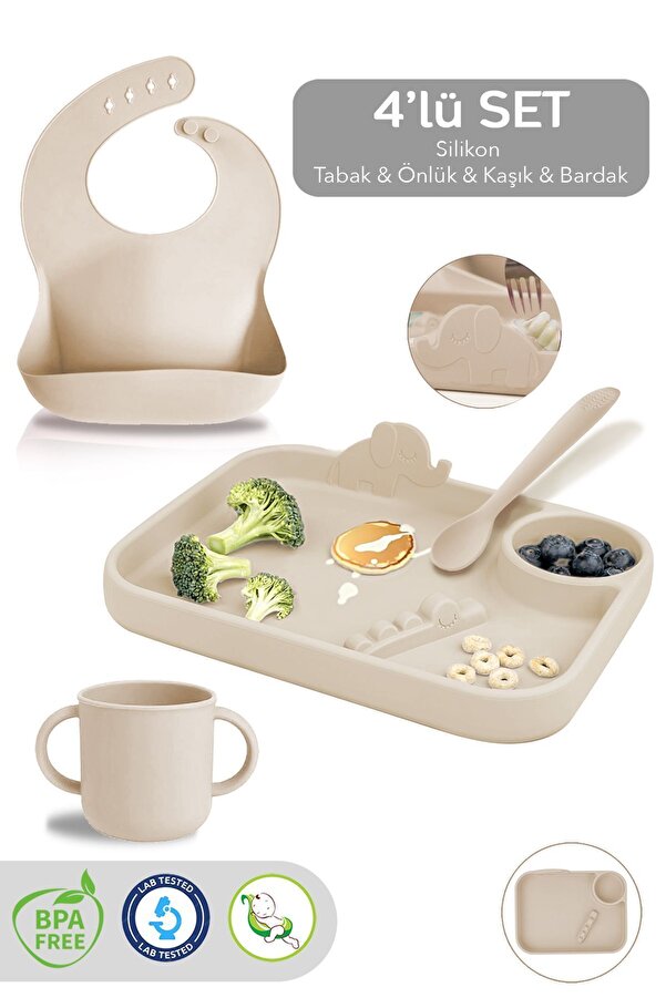 Meleni Baby 4'lü Silikon Beslenme Seti - 3 Bölmeli Beslenme Tabağı, Silikon Kaşık, Silikon Önlük, Bardak - Bej