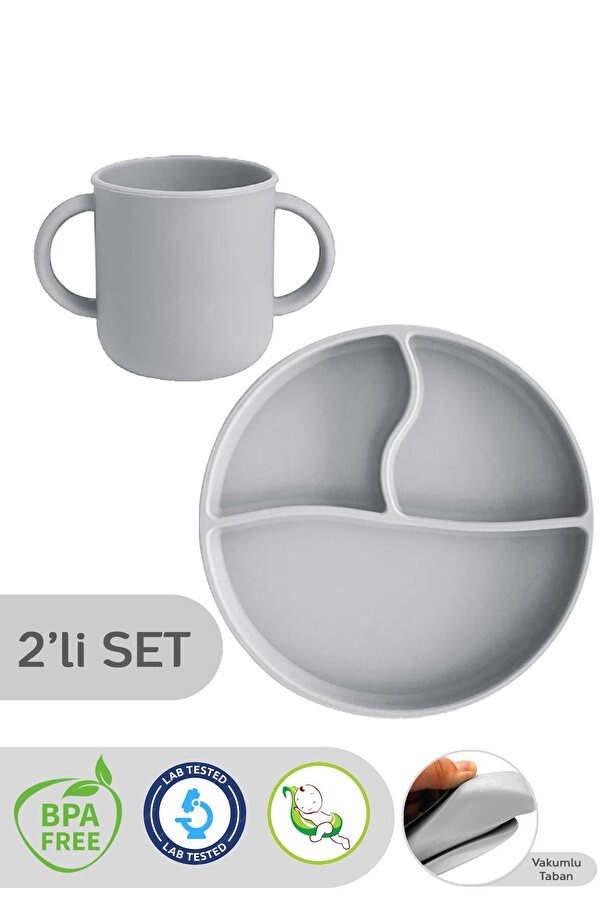 Meleni Baby 2'li Silikon Bebek Beslenme Seti - Vakumlu Tabak, Çift Kulp Kupa Bardak - Gri