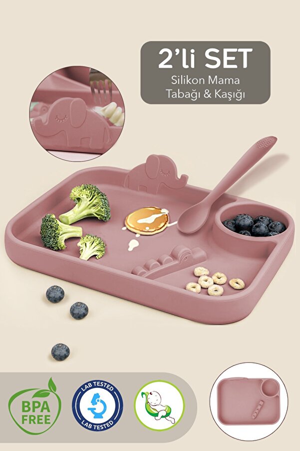Meleni Baby 2'li Silikon Beslenme Seti - 3 Bölmeli Silikon Beslenme Tabağı, Silikon Diş Kaşıyıcı Kaşık - Pembe
