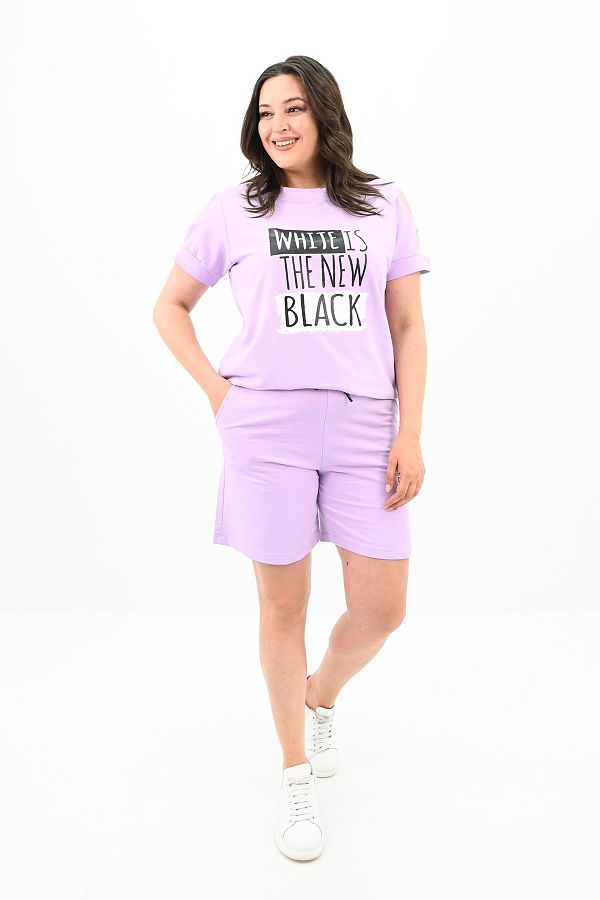 Koza Butik-Plus Size Text Printed and Open Shoulder Shorts Set - 3802-23 1