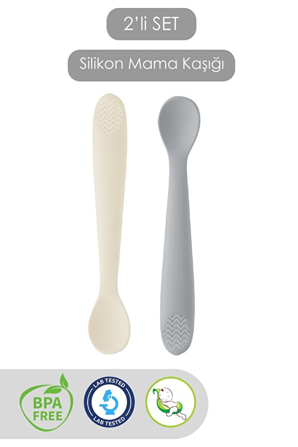 Meleni Baby 2'li Diş Kaşıyıcı Bebek Mama Kaşığı - Silikon Mama Kaşığı - Bej, Gri
