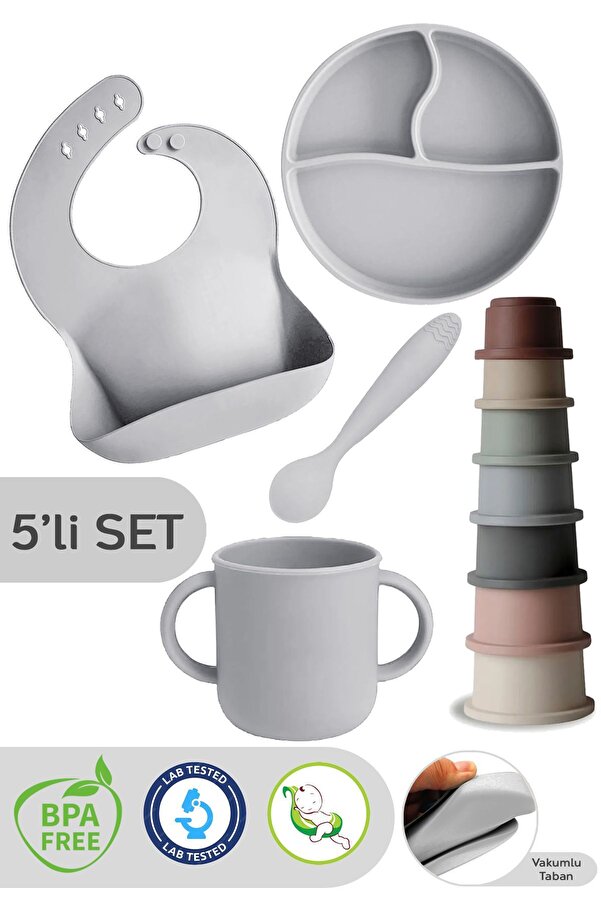 Meleni Baby 5'li Set Silikon Mama Önlüğü, Bardak, Vakumlu Tabak, Kaşık, Kule Aktivite Oyuncağı - Gri