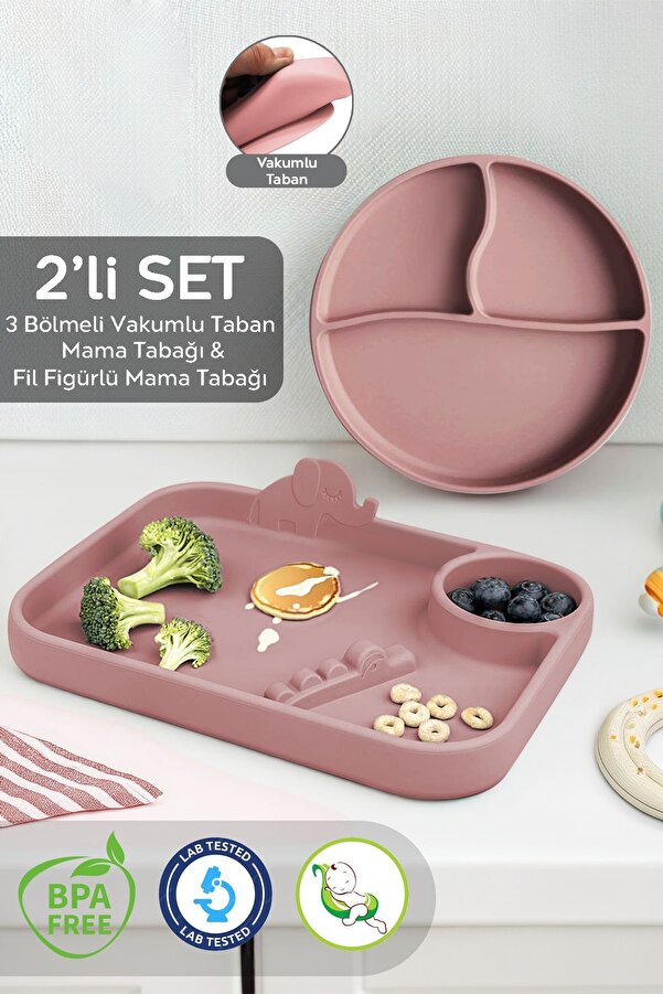 Meleni Baby 2'li Bebek Silikon Beslenme Seti, Vakumlu Tabak, 3 Bölmeli Silikon Tabak Seti - Pembe