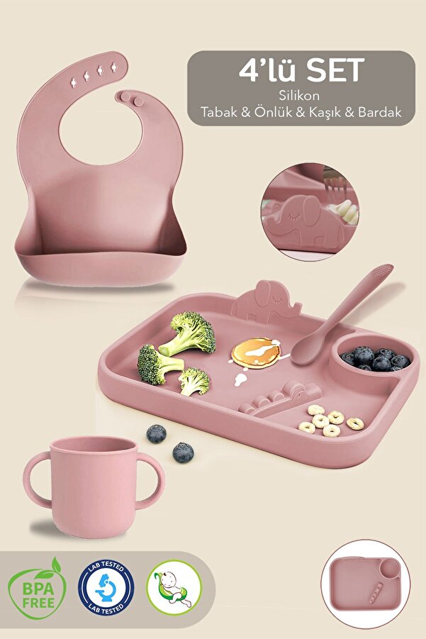 Meleni Baby 4'lü Silikon Beslenme Seti- 3 Bölmeli Beslenme Tabağı- Silikon Kaşık - Silikon Önlük- Bardak - Pembe