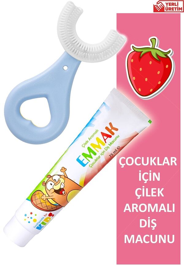 Lyra Professional U Şeklinde Pratik Çocuk Diş Fırçası 2-6 Yaş Mavi Emmak Çilek Aromalı Diş Macunu 75 ml