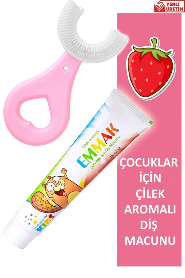 Lyra Professional U Şeklinde Pratik Çocuk Diş Fırçası 2-6 Yaş Pembe + Emmak Çilek Aromalı Diş Macunu 75ml