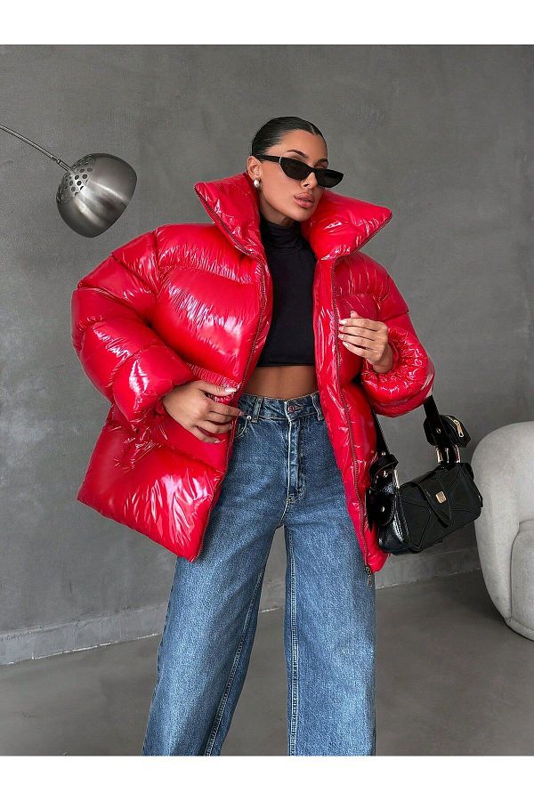 B HTER Red Shiny Puffer Coat Trendyol
