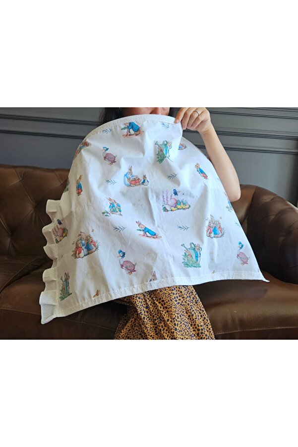 Leylace Mavi Peter Rabbit desenli pamuk poplin kumaş, balenli bebek emzirme önlüğü, örtüsü 12