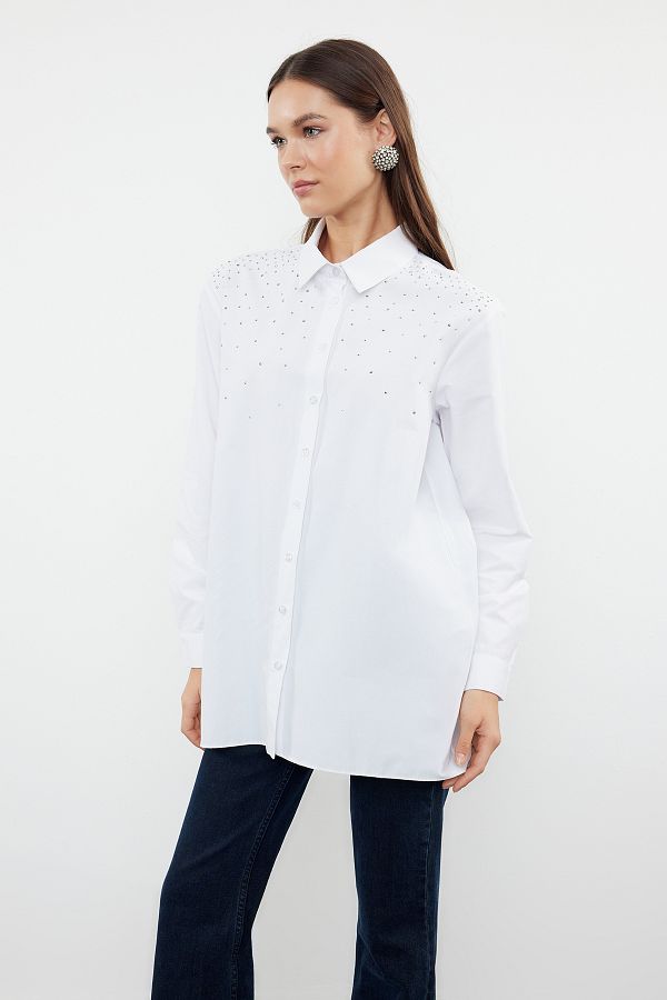 Trendyol Modest-White Woven Shirt with Shiny Sequin Detail - TCTSS24TG00081 1
