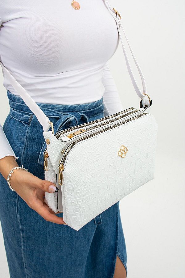 mugalas-White Text Printed Three Compartment Water Repellent Shoulder Cross Strap Quality Bag 1