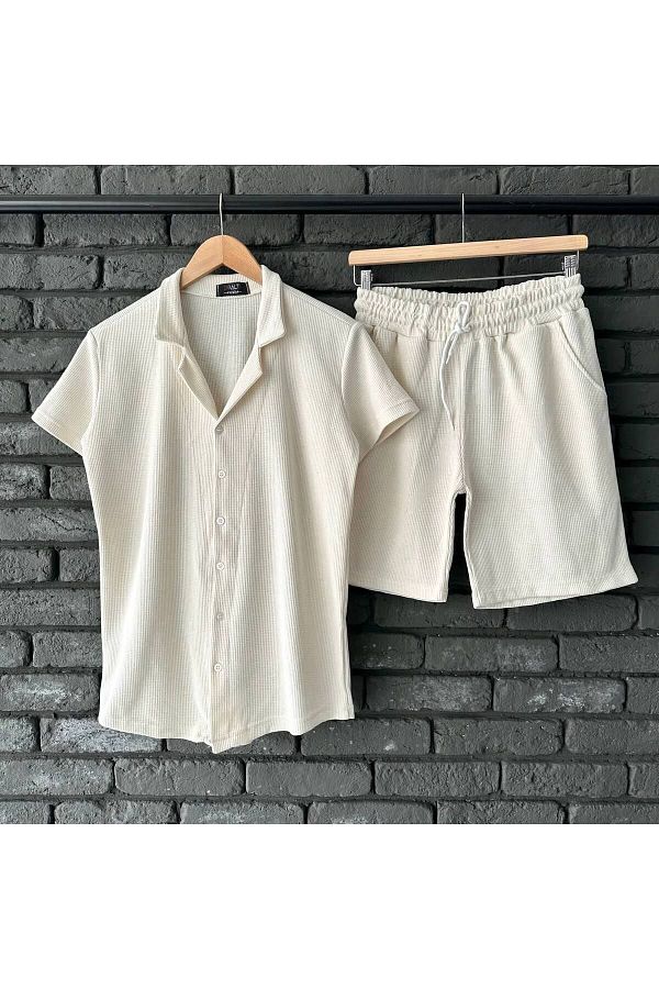 tetramoda-Waffle Patterned Ecru Short Sleeve Shirt and Shorts Set 1