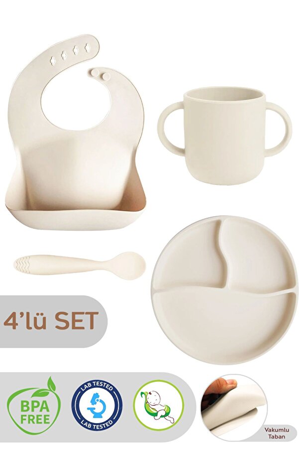Meleni Baby 4'lü Silikon Beslenme Seti -silikon Mama Önlüğü, Kulplu Bardak, Mama Kaşığı, Vakumlu Tabak