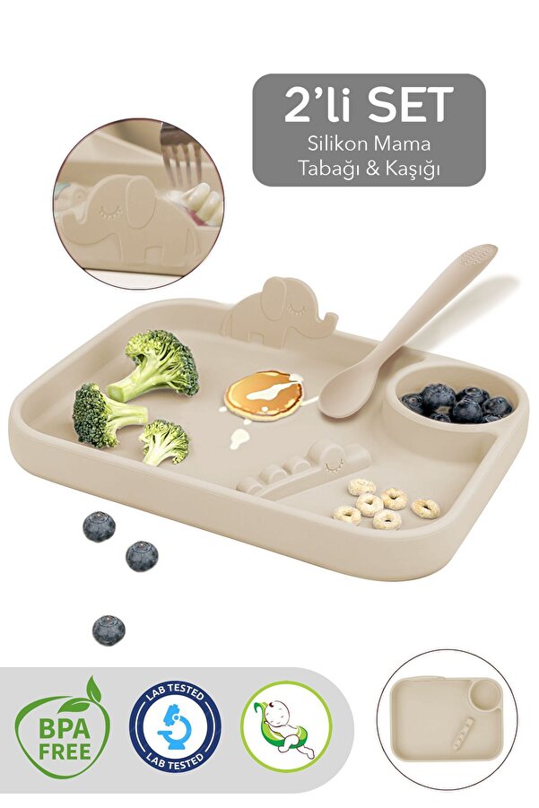Meleni Baby 2'li Silikon Beslenme Seti - 3 Bölmeli Silikon Beslenme Tabağı - Diş Kaşıyıcı Özellikli Kaşık - Bej